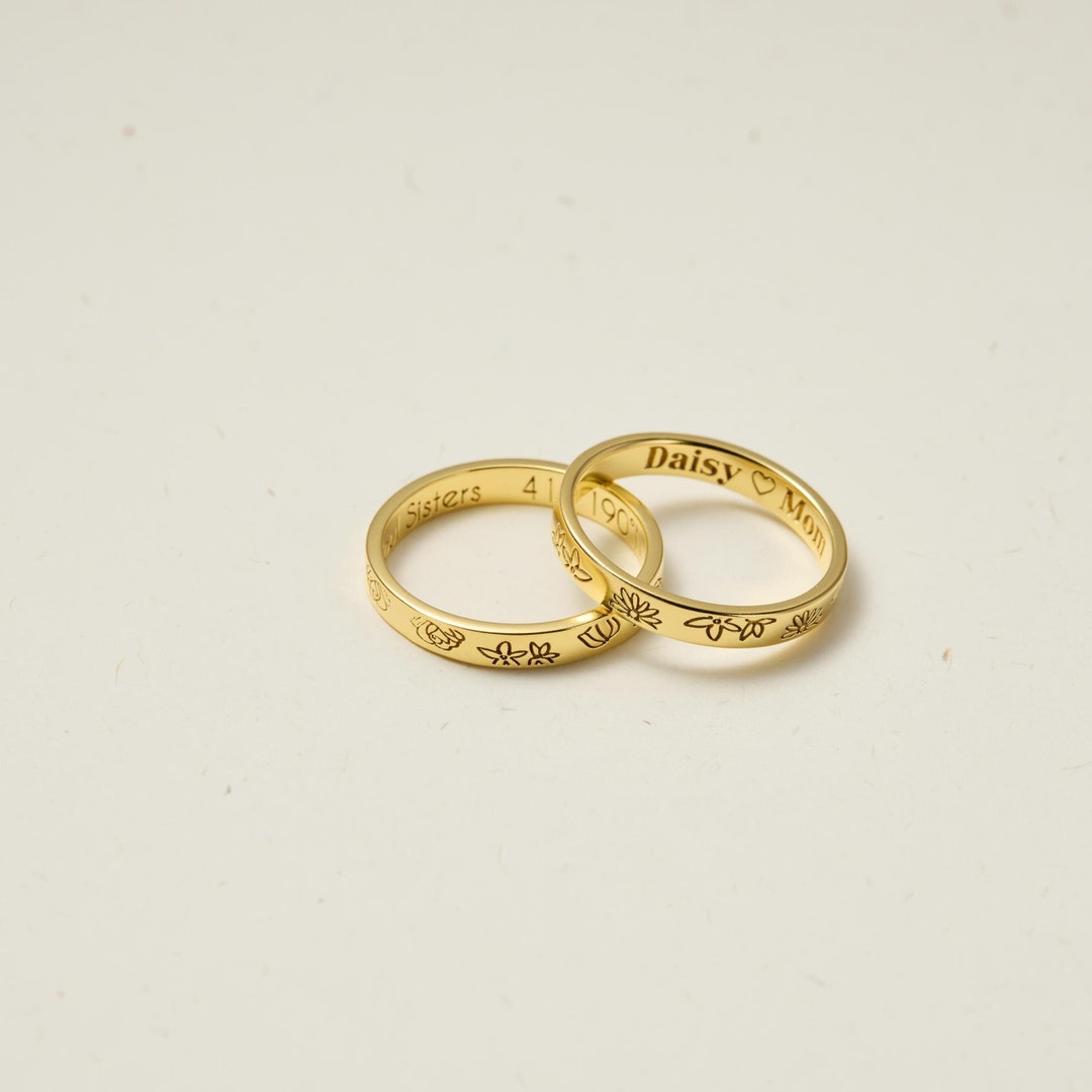 Personalized Mini Birth Flower Band Ring | Family Flower Jewelry ...