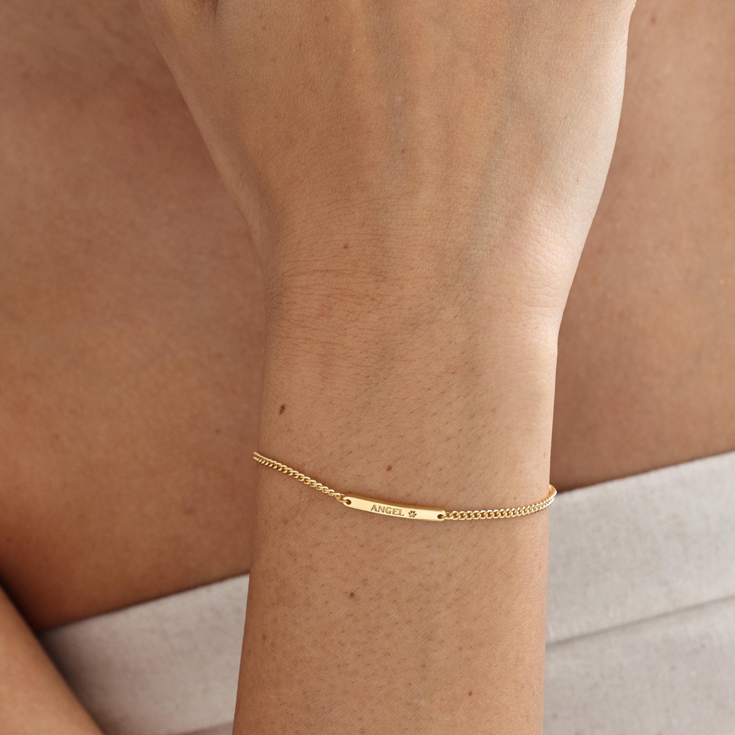 Pet Lover Gift | Custom Engraved Minimalist Bar Bracelet With Curb Chain | Personalized Dainty Name Stackable Bracelet | Her Birthday Gift