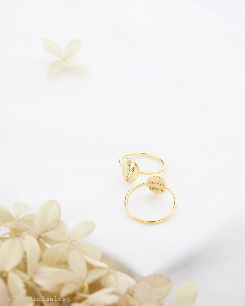 Personalized Birth Flower Ring | Birth Month Flower Ring | Statement Oval Ring |  | Custom Stacking Ring | Minimalist Engraved Ring 