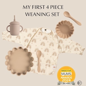 Mi primer juego de destete de 4 piezas / Babero de manga larga, plato de succión, cuenco de succión, vasito con pajita / Perfecto para bebés y niños pequeños / Arena