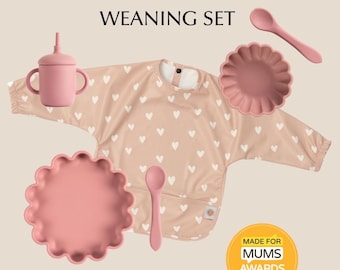 My First 4-Piece Weaning Set | Long Sleeve Bib, Suction Plate, Suction Bowl, Straw Sippy Cup | Perfect for infants and toddlers | Dusty Rose