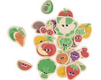 May include: Wooden fruit and vegetable cutouts with smiling faces. The collection includes an avocado, tomato, cauliflower, apple, strawberry, and more. The wooden pieces are light brown with colorful illustrations.