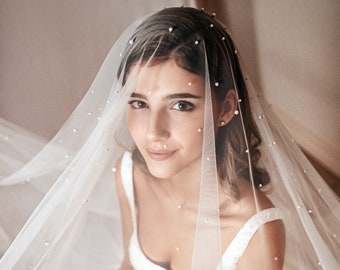 Pearl Wedding Veil, Chapel & Cathedral Lengths Drop Veil,  Scattered Pearl Blusher Veil