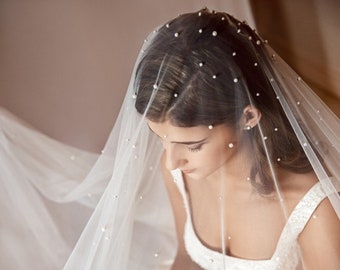 Single Tier Soft Wedding Veil with Pearls and Blusher, Chapel & Cathedral Lengths Available, Metal Comb