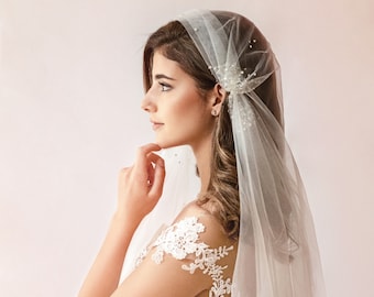 Juliet Cap Veil, Soft Tulle Wedding Veil with Crystals, Boho Style, Chapel & Cathedral Lengths available