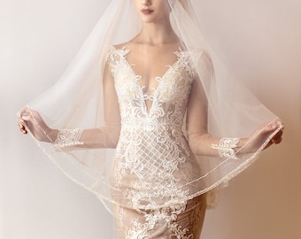 Champagne wedding veil, edge beaded veil -high quality wedding veil-  blusher drop veil, customised veil