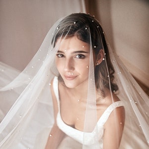 Pearl Wedding Veil, Chapel & Cathedral Lengths Drop Veil,  Scattered Pearl Blusher Veil