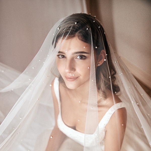 Pearl Wedding Veil, Chapel & Cathedral Lengths Drop Veil,  Scattered Pearl Blusher Veil