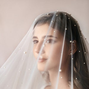 Soft Wedding Veil with Pearls and Blusher, Chapel & Cathedral Lengths Available, Single Tier image 1