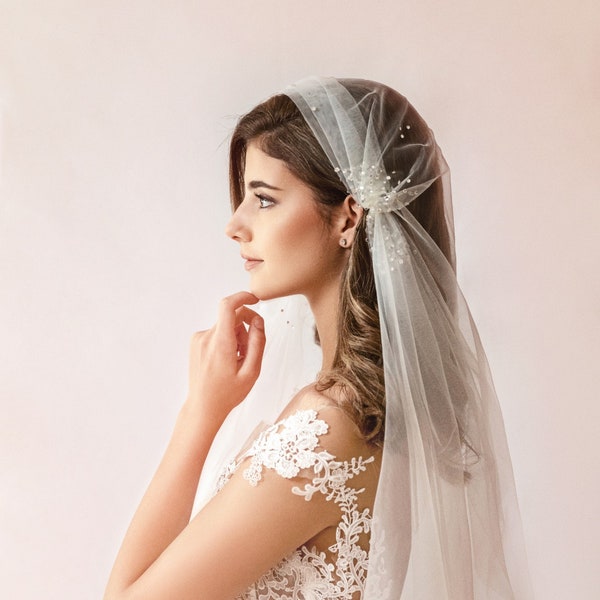 Juliet Cap Veil, Soft Tulle Wedding Veil with Crystals, Boho Style, Chapel & Cathedral Lengths available