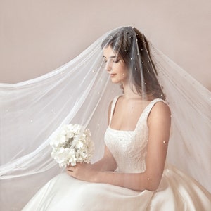 Pearl Bridal Veil With Blusher, Chapel & Cathedral Lengths Available, Sheer Soft Ivory Tulle