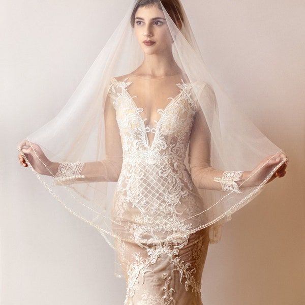 Champagne wedding veil, edge beaded veil -high quality wedding veil-  blusher drop veil, customised veil