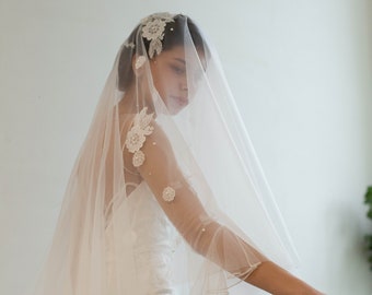 Soft ivory tulle, Pearl Wedding Veil with Flora Lace , Cathedral & Chapel lengths available,