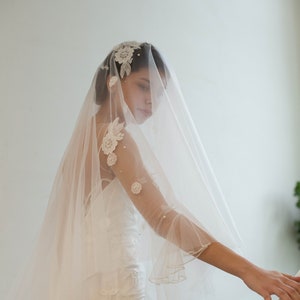 Soft ivory tulle, Pearl Wedding Veil with Flora Lace , Cathedral & Chapel lengths available,