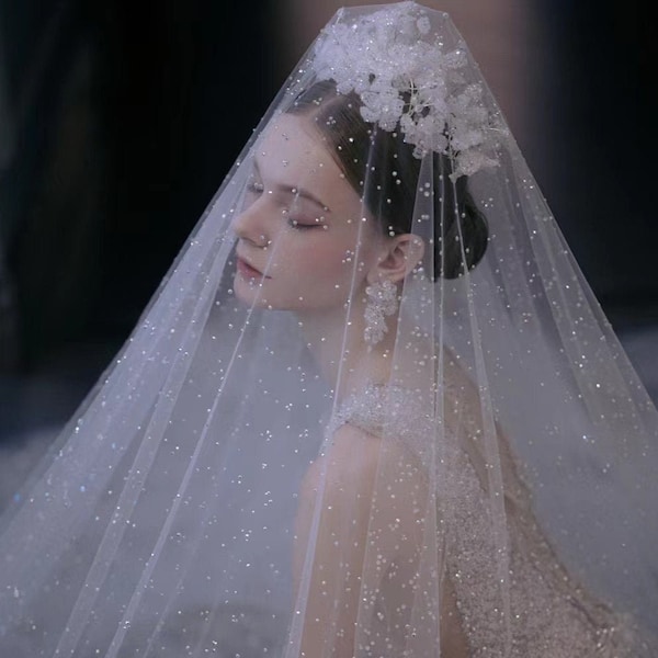 Crystal/Rhinestone wedding veil with blusher, Chapel & Cathedral bridal drop veil