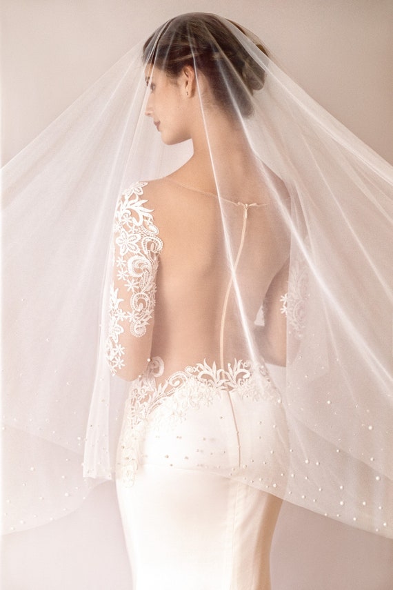 White Jasmine Pearl Wedding Veil with Comb Chapel and Cathedral length 1 Tier with Blusher
