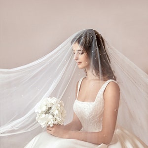 Soft Wedding Veil with Pearls and Blusher, Chapel & Cathedral Lengths Available, Single Tier image 2