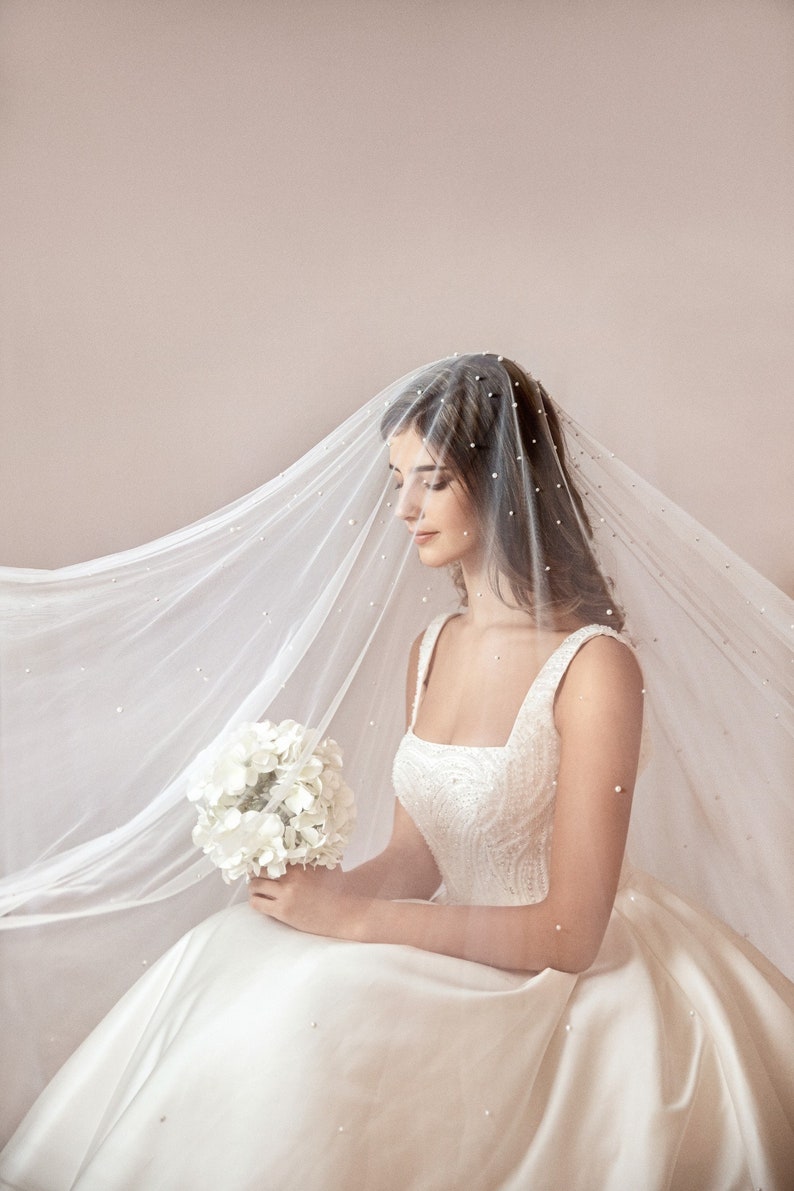 Soft Wedding Veil with Pearls and Blusher, Chapel & Cathedral Lengths Available, Single Tier image 2