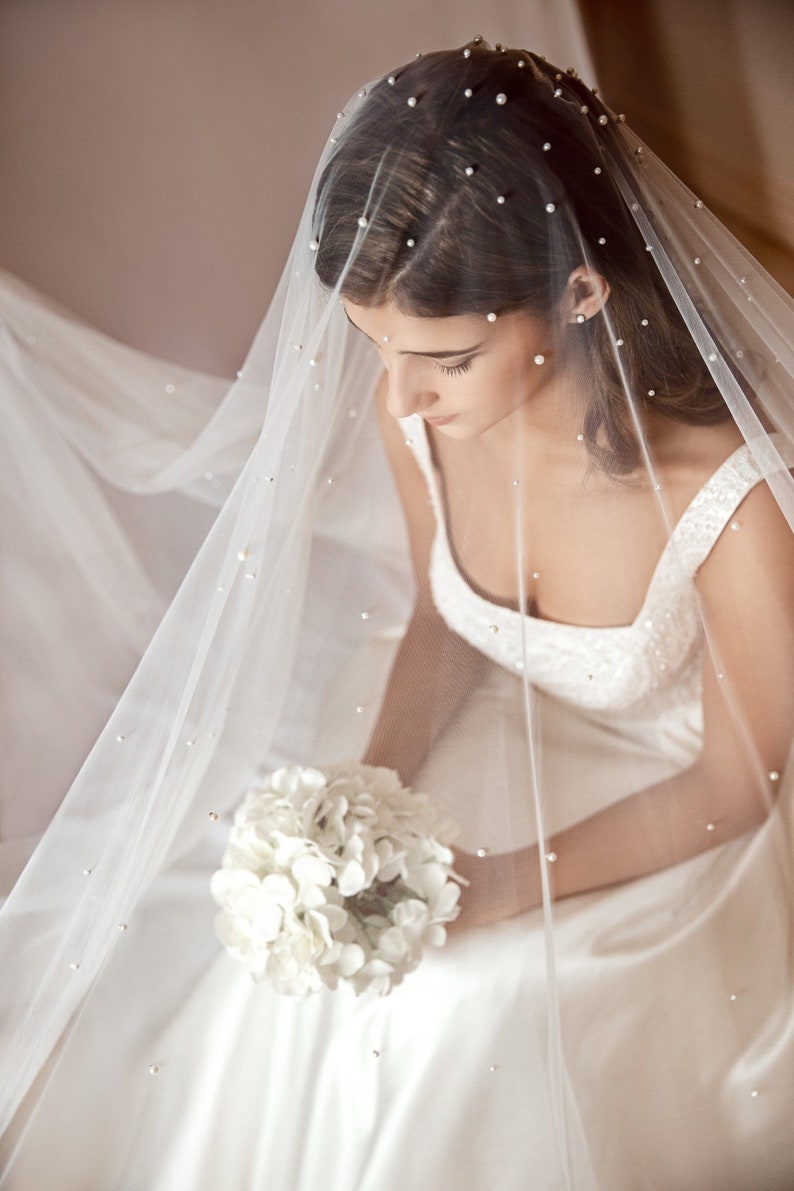 Soft Wedding Veil with Pearls and Blusher, Chapel & Cathedral Lengths Available, Single Tier image 6