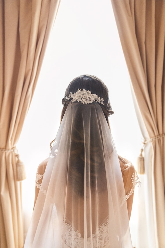 Pearl Wedding Veil Wedding Veil Chapel Bridal Modern Fingertip Veil Ivory  Wedding Veil Single Tire Veil Simple Veil Single Layer Veil 