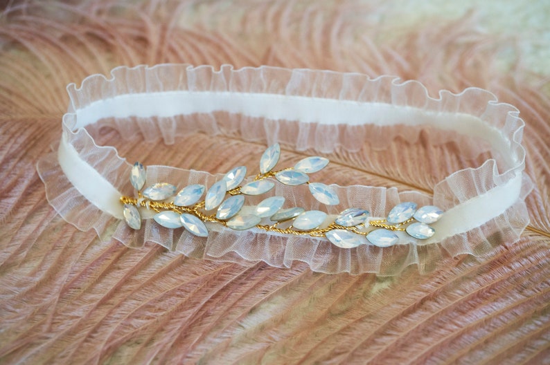 Wedding garter with light blue opal, Rustic & Velvet Bridal garterRustic wedding garter image 2