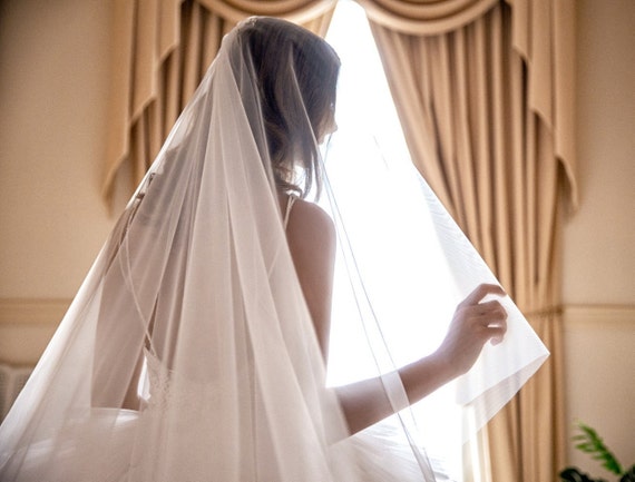 White Jasmine Pearl Wedding Veil with Comb Chapel and Cathedral length 1 Tier with Blusher