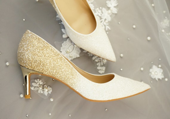 Glitter Mid Heel Wedding Shoes for Brides, White & Gold Luxury Sparkle  Pointy Toe Bridal Shoes - Etsy