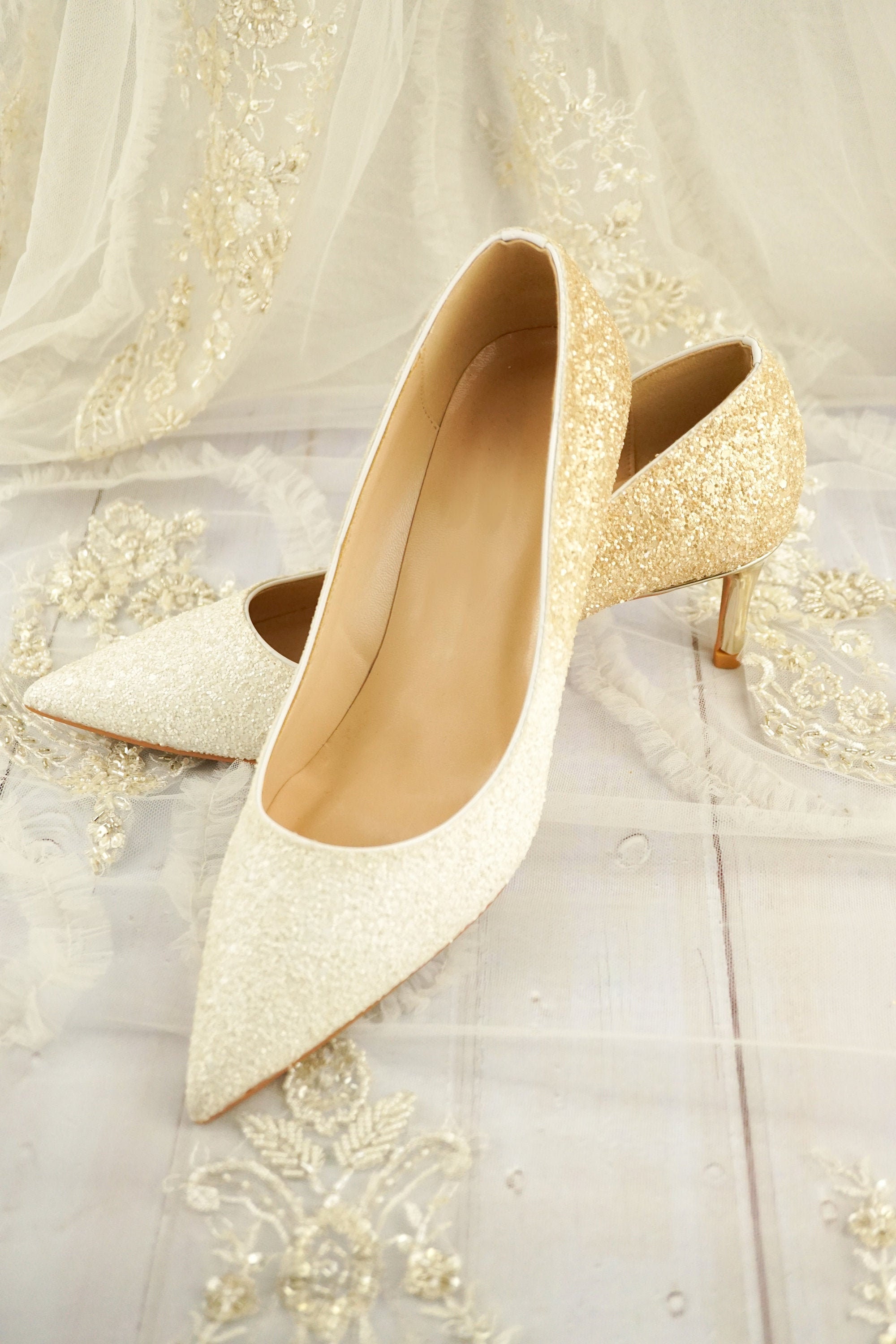 Glitter Mid Heel Wedding Shoes for Brides White & Gold Luxury Etsy