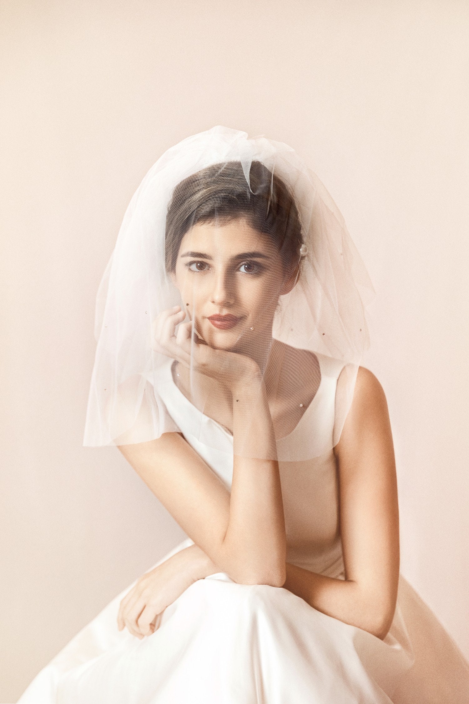 Twigs & Honey Bridal Short Veil with Blusher and Pencil Edge - Merrow Edge Bridal Veil with Blusher - Style #2358