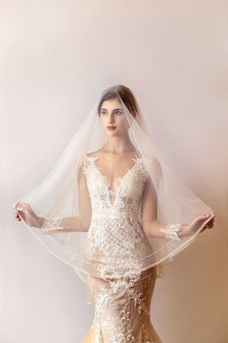 Champagne wedding veil, edge beaded veil high quality wedding veil blusher drop veil, customised veil image 1