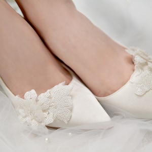 Silk Satin Pump/wedding shoes with lace , Ivory Luxury sparkle Pointy toe bridal shoes image 1