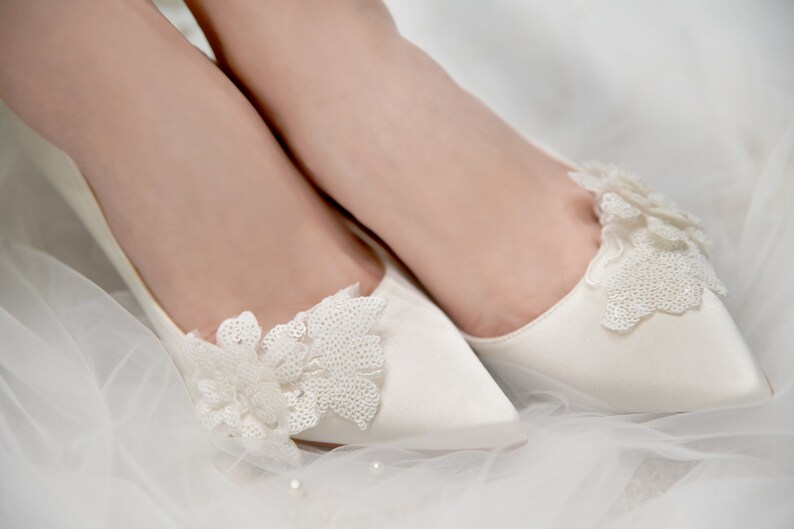 Silk Satin Pump/wedding shoes with lace , Ivory Luxury sparkle Pointy toe bridal shoes image 1