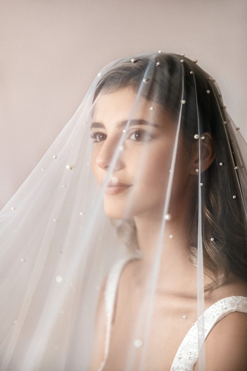 Soft Wedding Veil with Pearls and Blusher, Chapel & Cathedral Lengths Available, Single Tier image 1