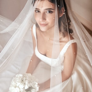 Soft Wedding Veil with Pearls and Blusher, Chapel & Cathedral Lengths Available, Single Tier image 3