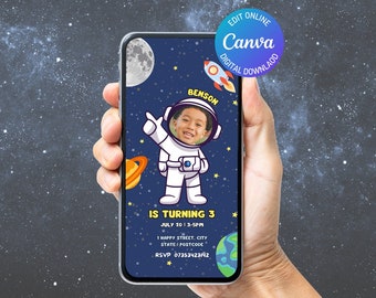 Editable Astronaut photo Children's Digital Party Invitation - Digital Kids Party Invite - Electronic Birthday Invite - SMS Invitation