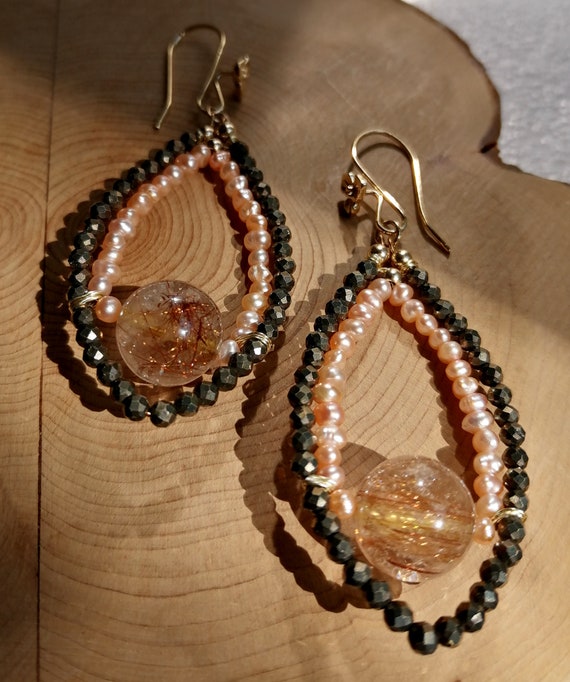 Dainty Hoop Earrings. Pearl, Pyrite & Rutilated Quartz Statement Earrings
