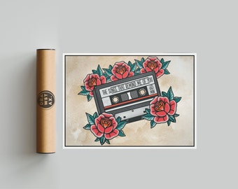 American Traditional 'The Songs That Remind Me Of You' Tape Cassette Print | Flash Art | Tattoo Flash | Tattoo Aesthetic | Romance Gift