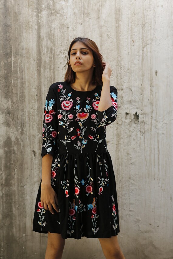 black dress with colorful flowers