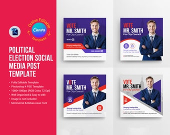 Canva Political Election Social Media Post Banner Template | Photoshop PSD Template | Canva Template | Vote Instagram Post Canva Template