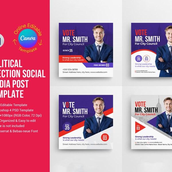 Canva Politische Wahl Social Media Post Banner Vorlage | Photoshop PSD Vorlage | Canva Template | Abstimmen Instagram Post Canva Template