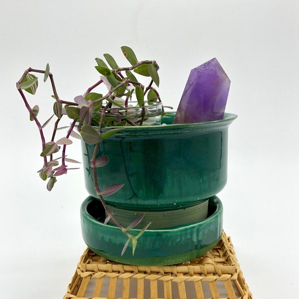 Oona Planter in Peacock with Amethyst Point, handmade ceramic planter with healing crystal