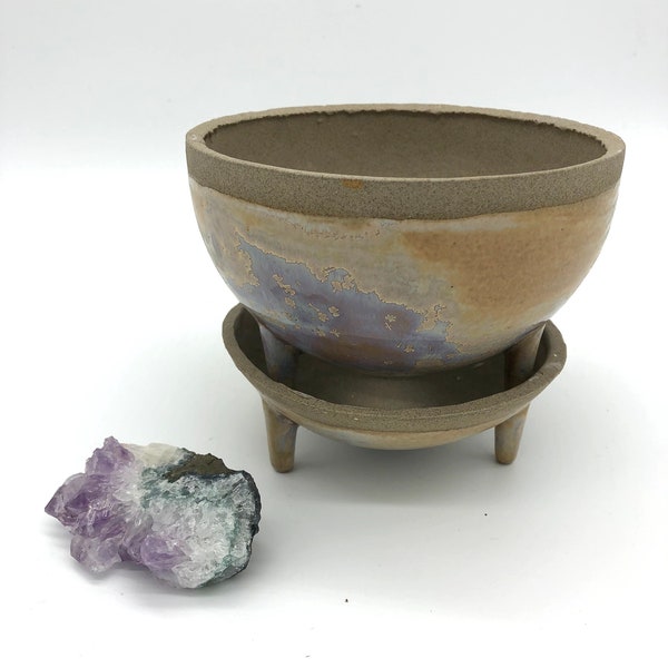 Burglekutt Planter in Rainbow Crystal Glaze with Amethyst Cluster