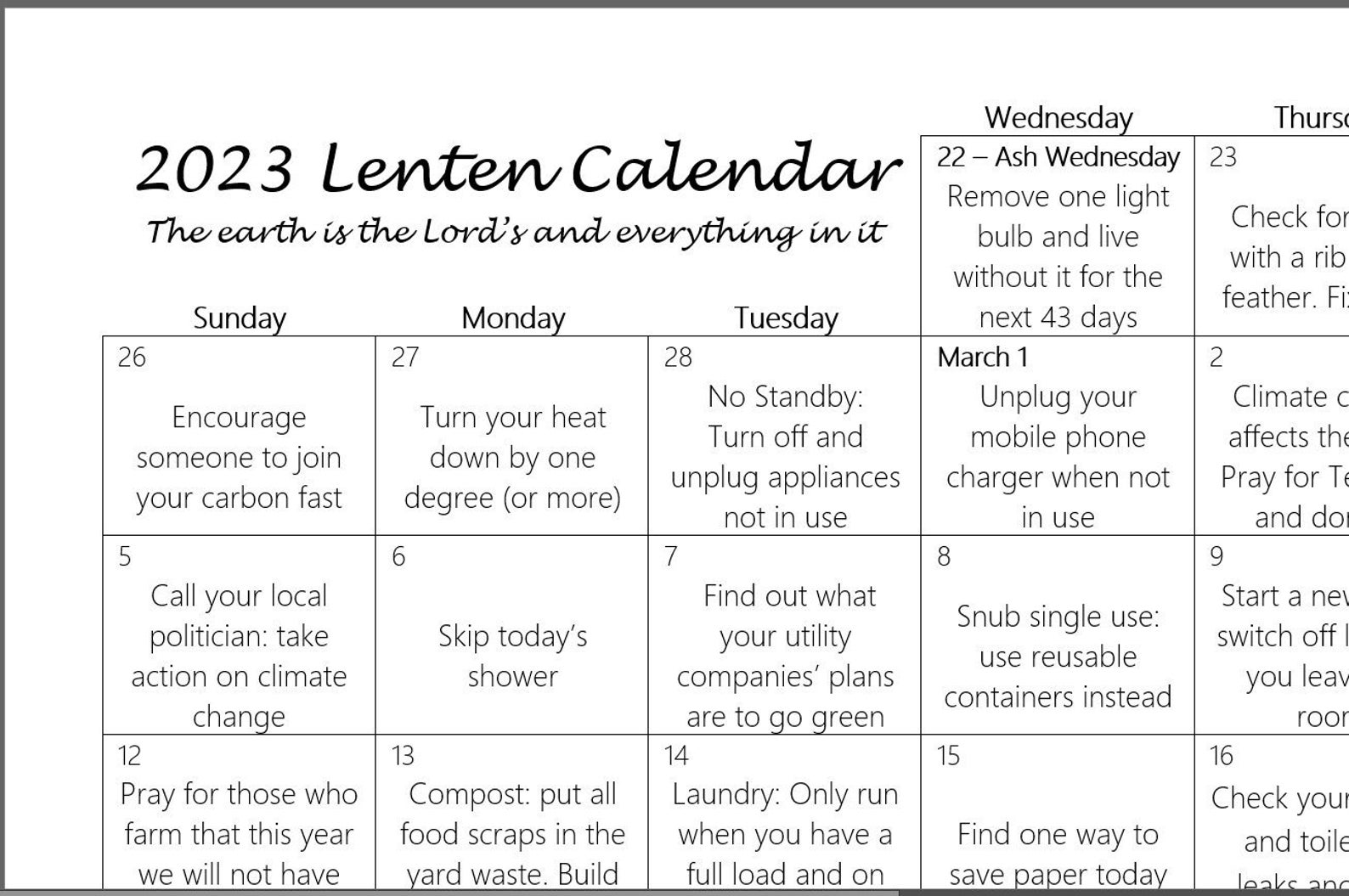 2023 Carbon Fast Lenten Calendar Digital Download Etsy Australia