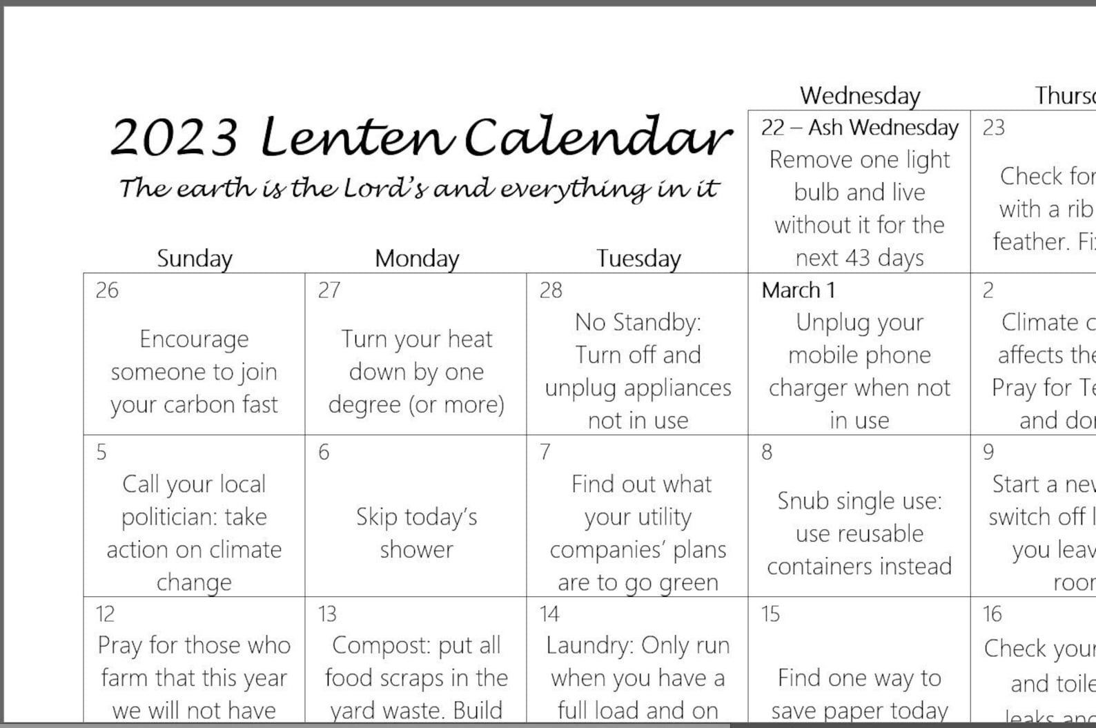 2023 Carbon Fast Lenten Calendar Digital Download Etsy Australia