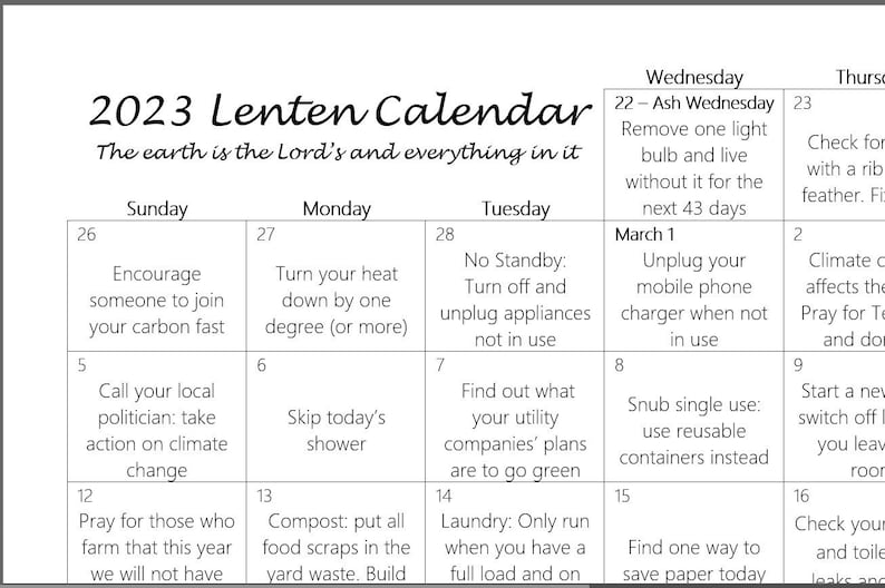 2023 Carbon Fast Lenten Calendar Digital Download Etsy