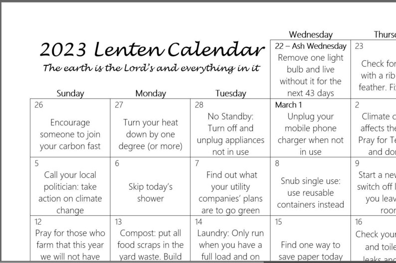 2023 Carbon Fast Lenten Calendar Digital Download Etsy