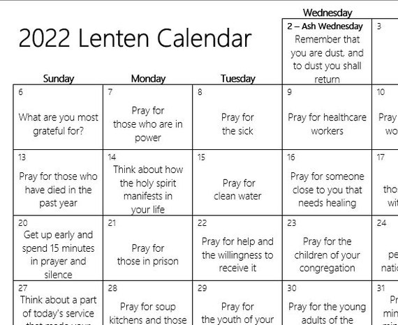 2022 Lent Calendar 2022 Lenten Calendar Digital Download | Etsy
