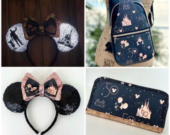 READY TO SHIP, Disney 50th celebration, Disney 50th Anniversary backpack, Disney wallet, Disney 50th Anniversary ears, rose gold ears
