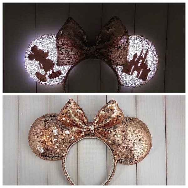 READY TO SHIP, Rose Gold Ears, Minnie mouse rose gold ears, mickey mouse ears, sequin ears, disney inspired ears, Minnie headband, rose gold