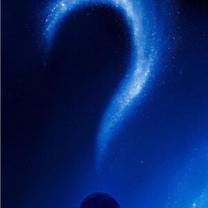 May include: A blue question mark made of stars against a dark blue background with a blue planet at the bottom.